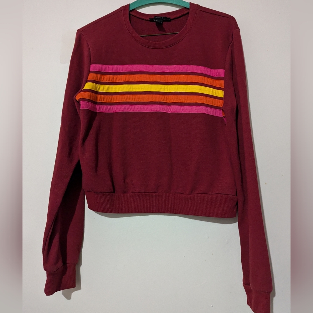 LAST WEEK 3 for $30 Forever 21 Burgundy Cropped Sweatshirt Retro Striped Size M